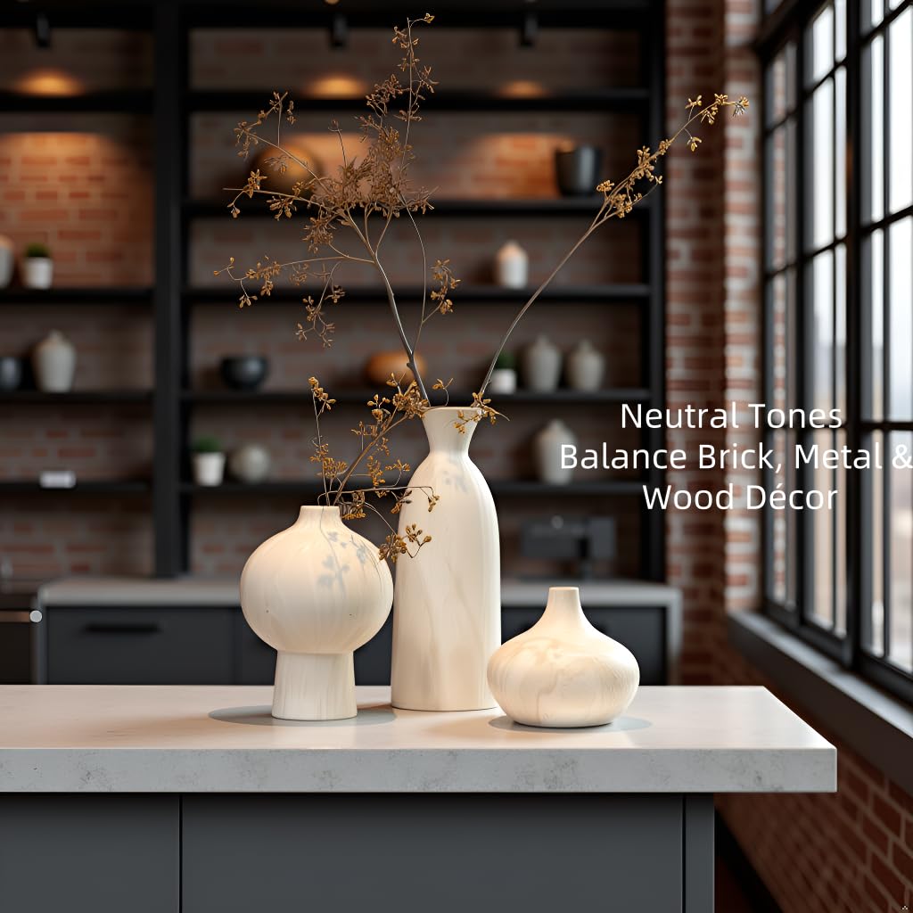 Voosline Ceramic Vase Set of 3 β White & Beige, Stone-Look Texture
