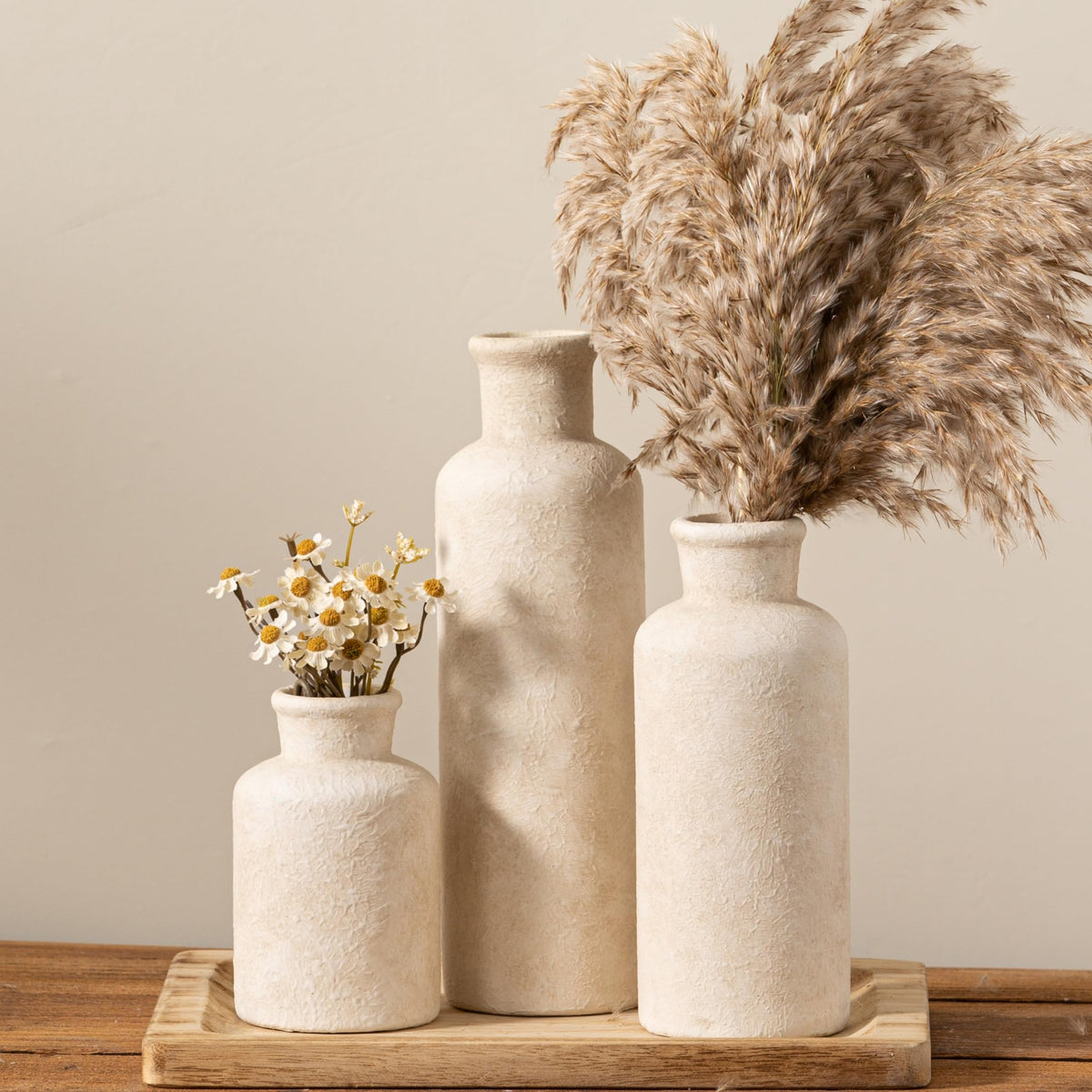 Voosline Ceramic Vases Set of 3 β Whitewashed Neutral, Farmhouse Decor
