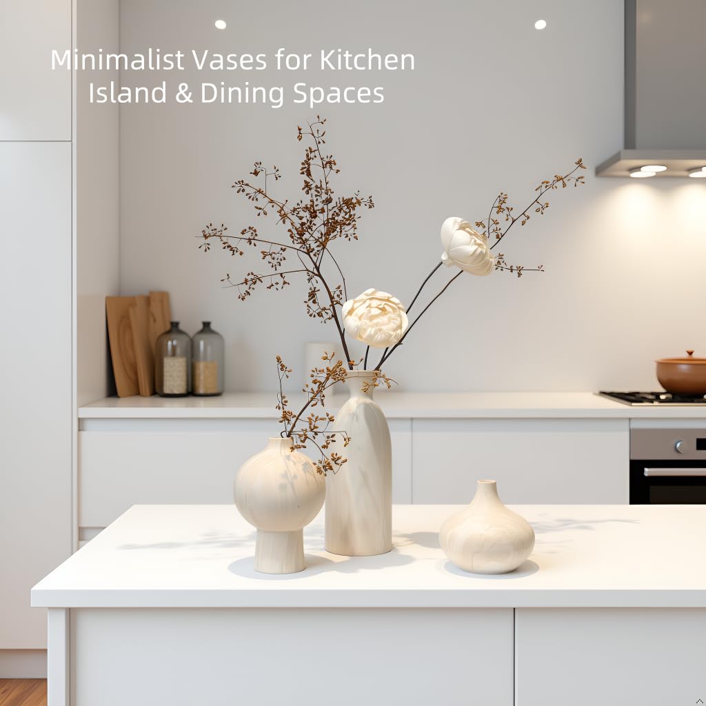 Voosline Ceramic Vase Set of 3 – White & Beige, Stone-Look Texture
