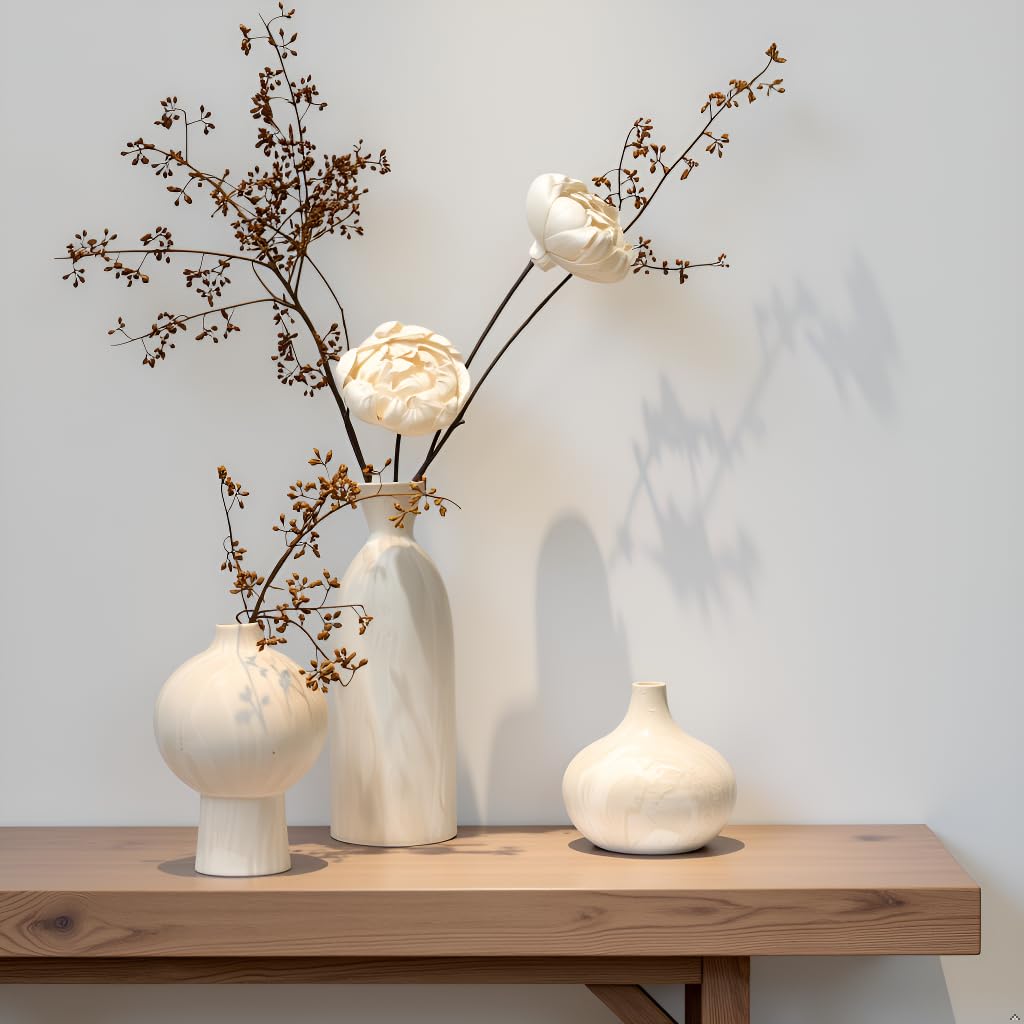 Voosline Ceramic Vase Set of 3 – White & Beige, Stone-Look Texture