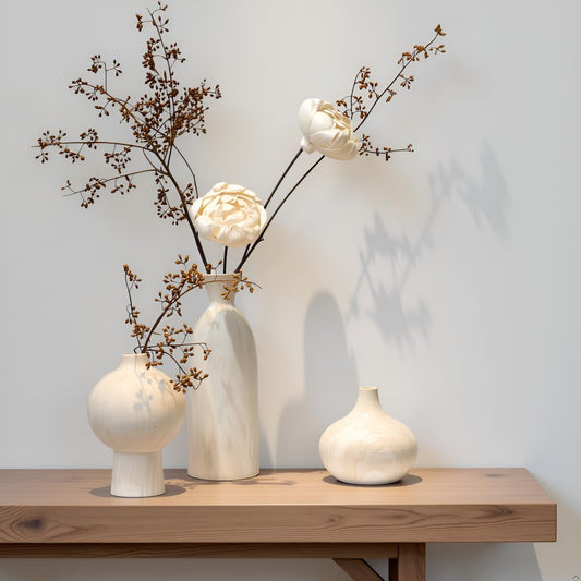 Voosline Ceramic Vase Set of 3 – White & Beige, Stone-Look Texture