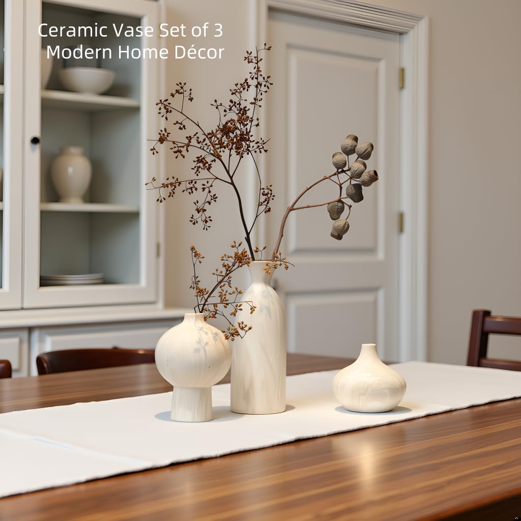 Voosline Ceramic Vase Set of 3 – White & Beige, Stone-Look Texture