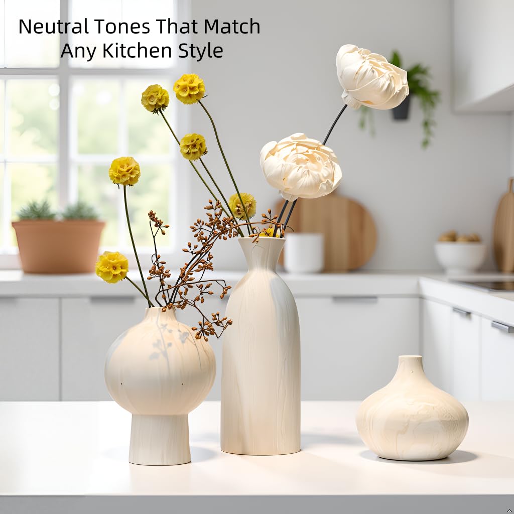 Voosline Ceramic Vase Set of 3 – White & Beige, Stone-Look Texture