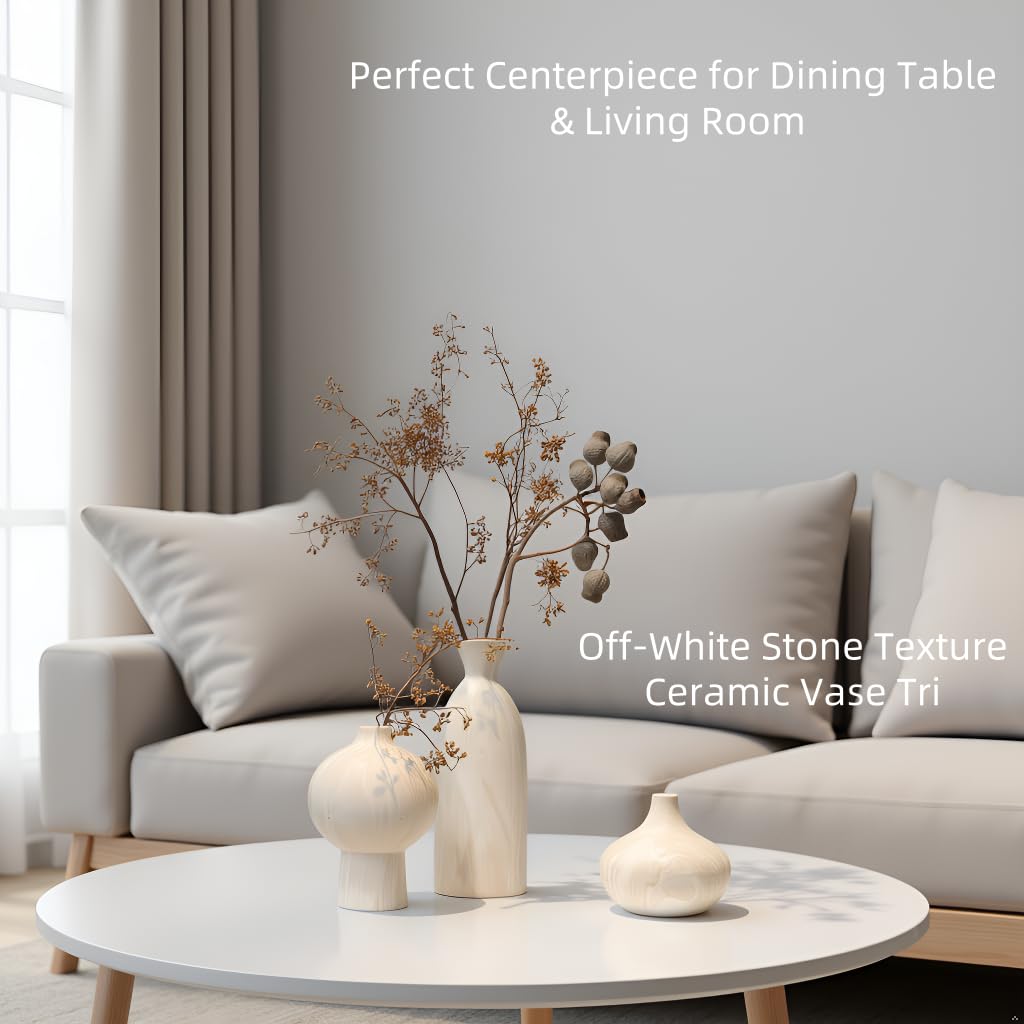 Voosline Ceramic Vase Set of 3 – White & Beige, Stone-Look Texture