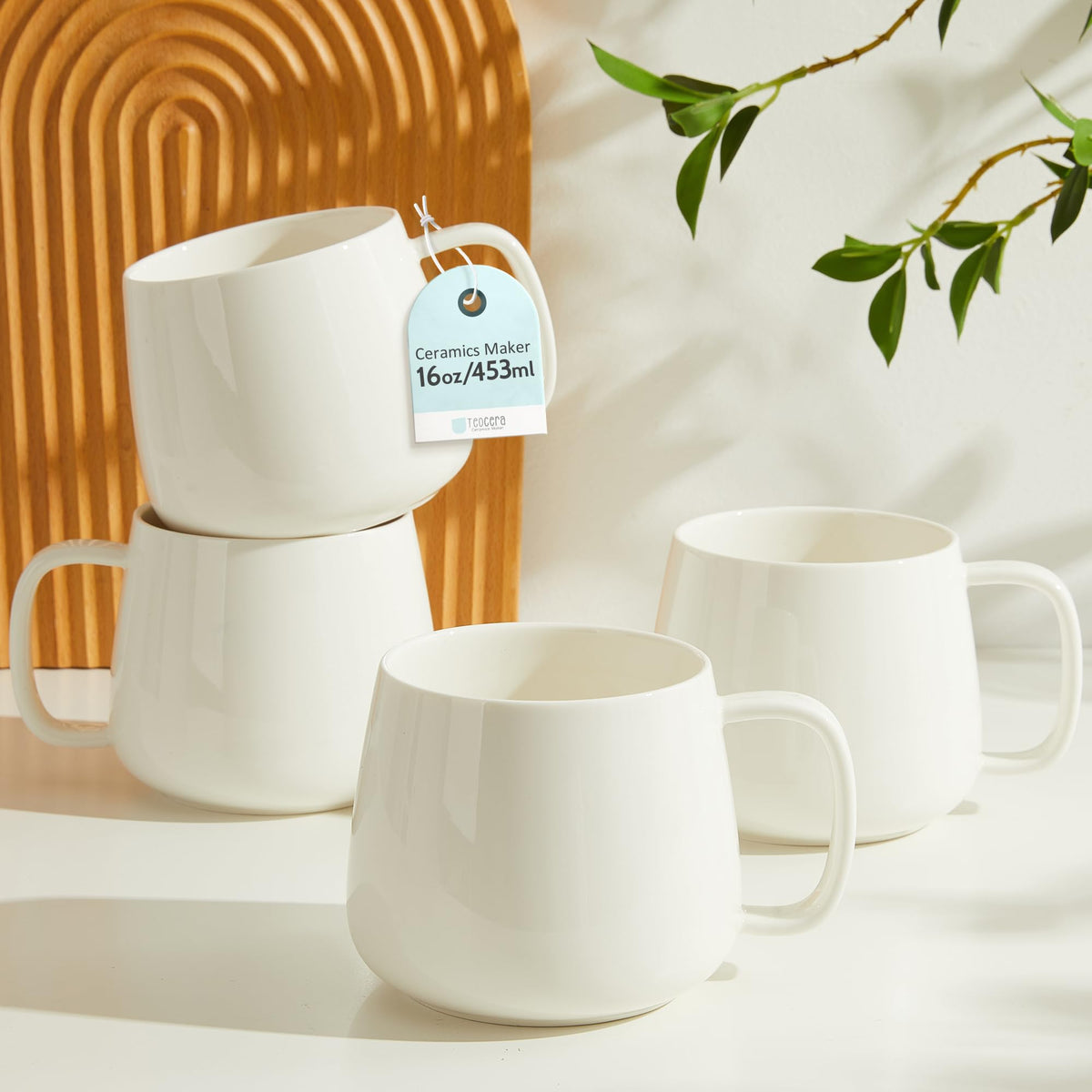 Voosline 16oz Stackable Ceramic Coffee Mugs – Set of 4, White
