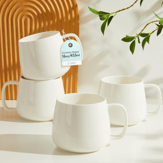Voosline 16oz Stackable Ceramic Coffee Mugs – Set of 4, White