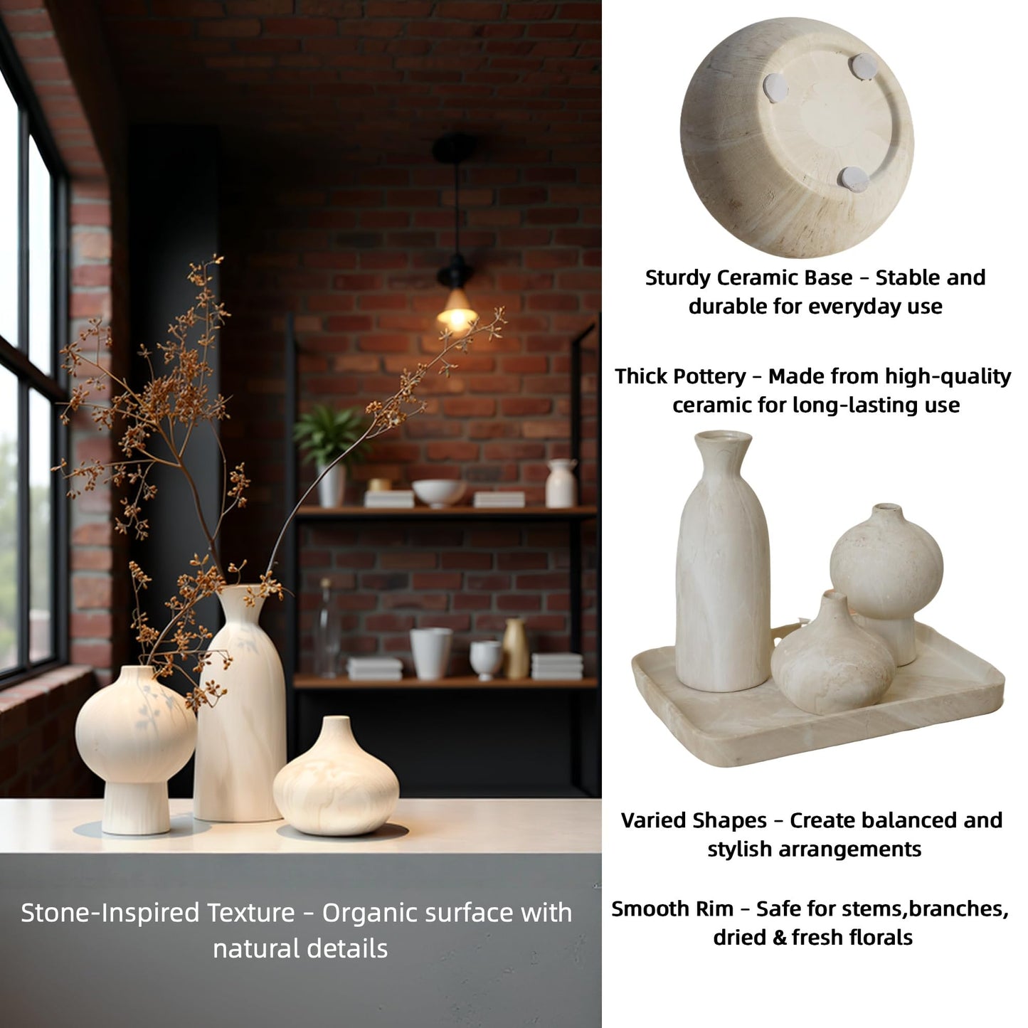Voosline Ceramic Vase Set of 3 – White & Beige, Stone-Look Texture