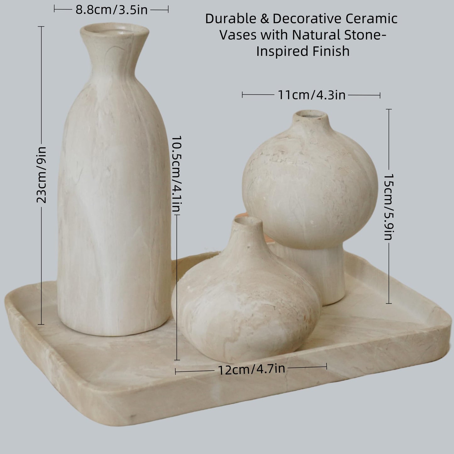 Voosline Ceramic Vase Set of 3 – White & Beige, Stone-Look Texture