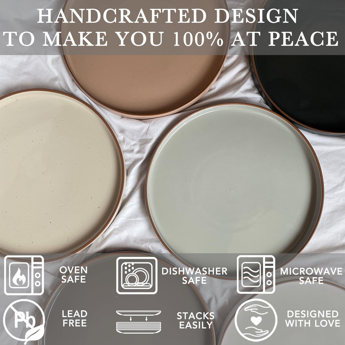 Voosline Ceramic Flat Plates – Set of 6, 8 Inch, Neutral Colors