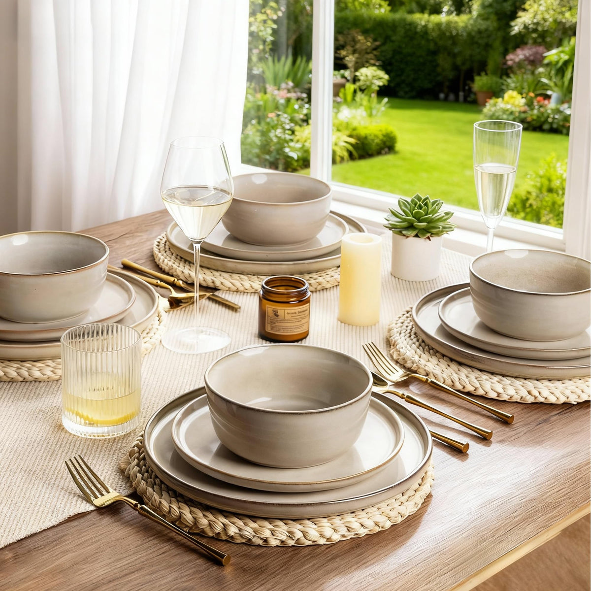 Voosline Stoneware Dinnerware Set – Reactive Glaze, Service for 8