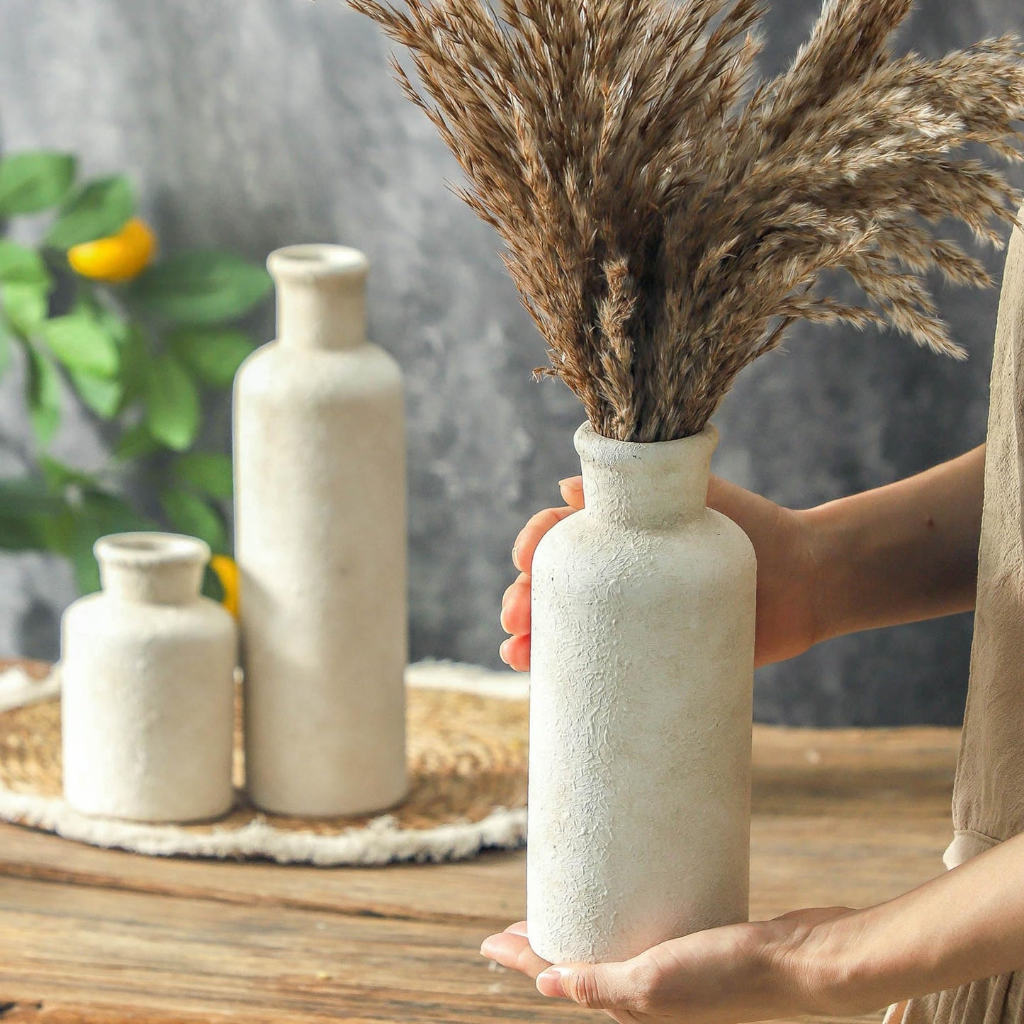 Voosline Ceramic Vases Set of 3 – Whitewashed Neutral, Farmhouse Decor