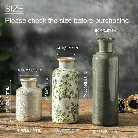 Voosline Vintage Ceramic Flower Vase Set of 3 – Chinoiserie, Green & Beige
