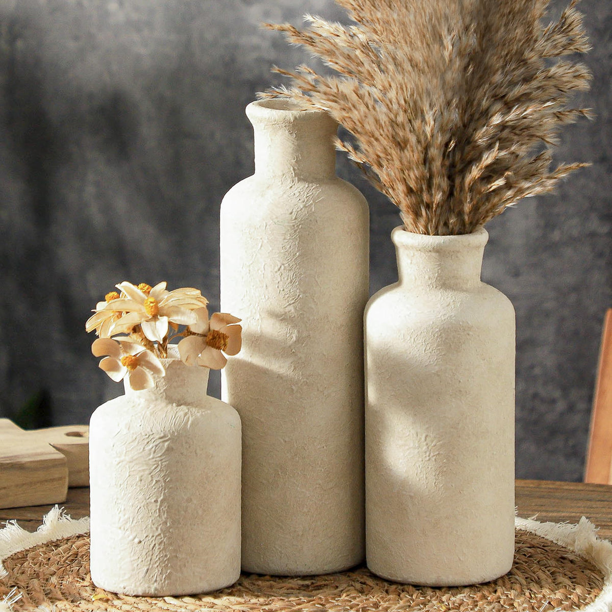 Voosline Ceramic Vases Set of 3 – Whitewashed Neutral, Farmhouse Decor