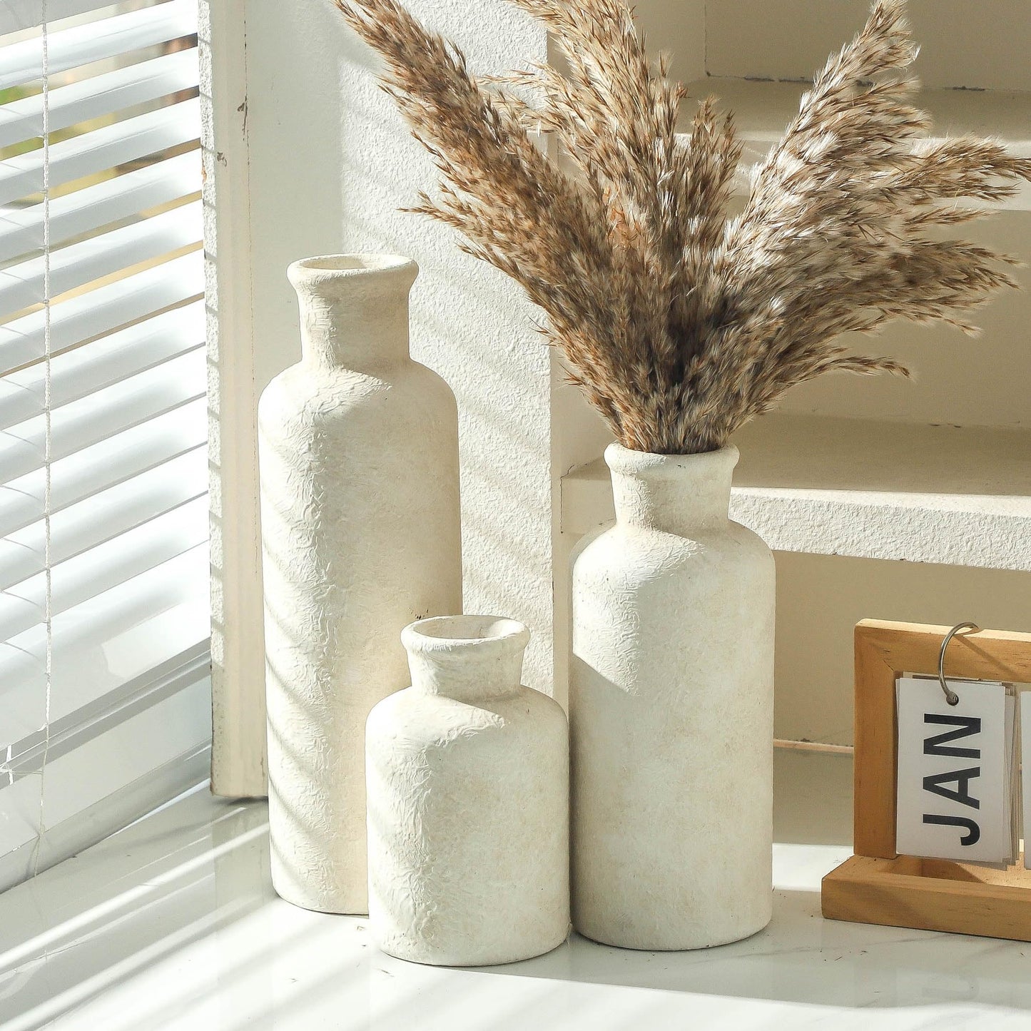 Voosline Ceramic Vases Set of 3 – Whitewashed Neutral, Farmhouse Decor
