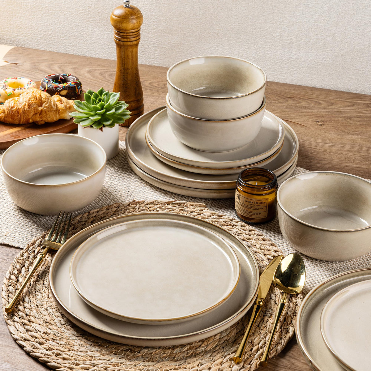 Voosline Stoneware Dinnerware Set – Reactive Glaze, Service for 8